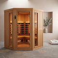 4-Person Cedar Corner Infrared Sauna with Carbon Heaters, Bluetooth Audio, Digital Controls, and Chromatherapy Lighting
