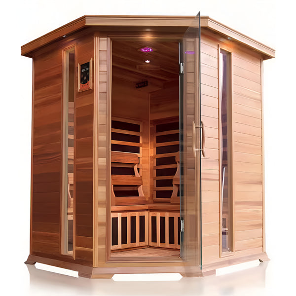 4-Person Cedar Corner Infrared Sauna with Carbon Heaters, Bluetooth Audio, Digital Controls, and Chromatherapy Lighting
