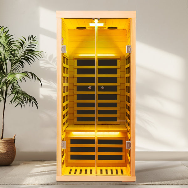 Luxury Indoor Low EMF Far Infrared Sauna Room with Hemlock Wood and Glass Double Doors