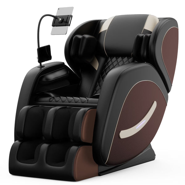 Full Body Massage Chair Recliner with Zero Gravity – PU Leather Electric Chair with Rollers, Air Compression, Heating, Bluetooth, Brown and Black