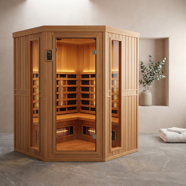 4-Person Cedar Corner Infrared Sauna — Studio Shot