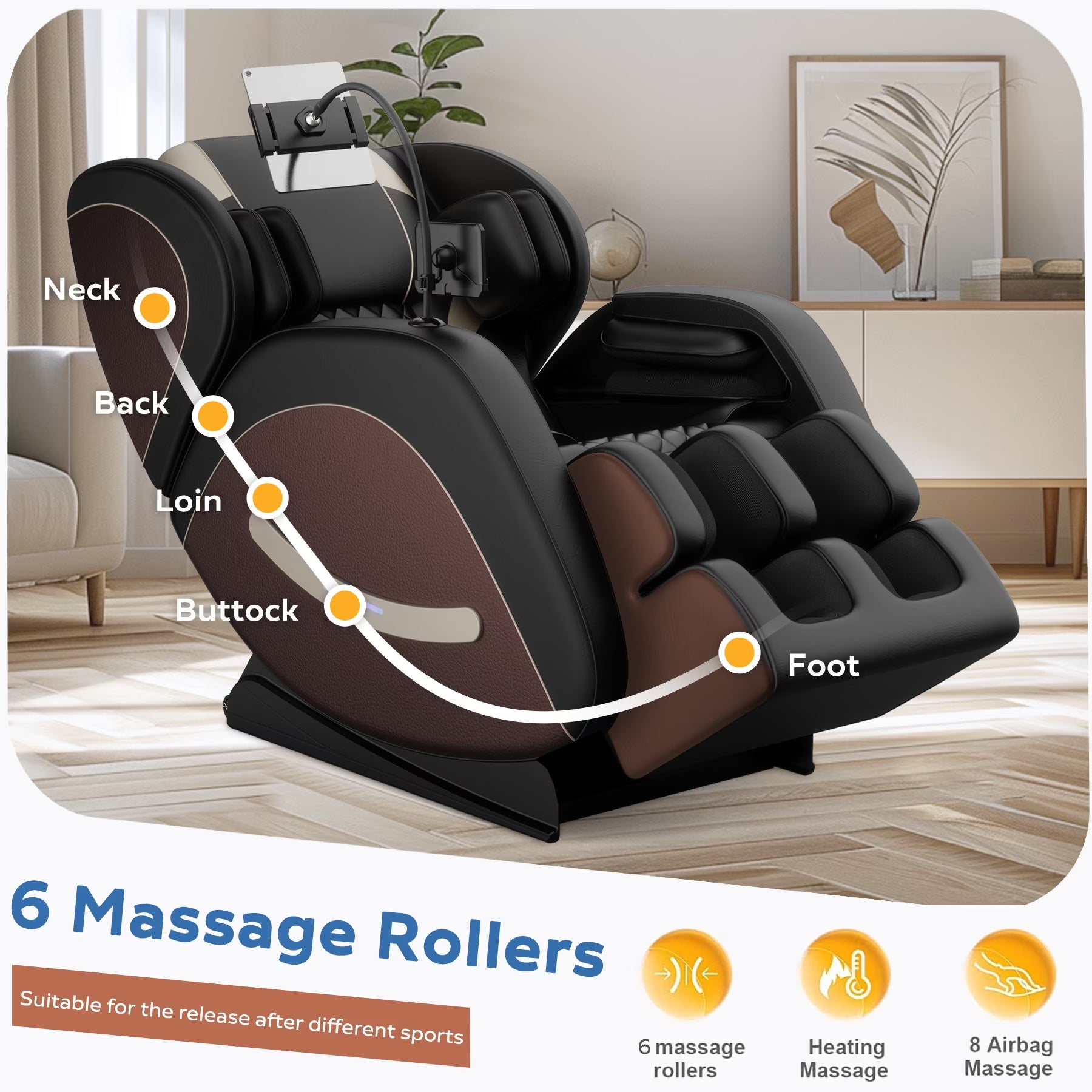 Full Body Massage Chair Recliner with Zero Gravity,  Leather Massage Chair with Air Pressure, 8 Massage Fix Rollers, Heating, Airbag, Bluetooth, Retractable Footrest for Relaxion, Brown+Black