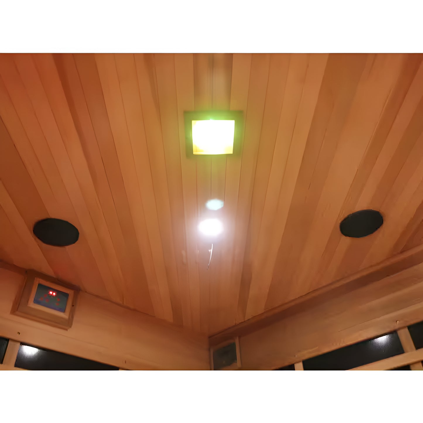 4-Person Cedar Corner Infrared Sauna with Carbon Heaters, Bluetooth Audio, Digital Controls, and Chromatherapy Lighting