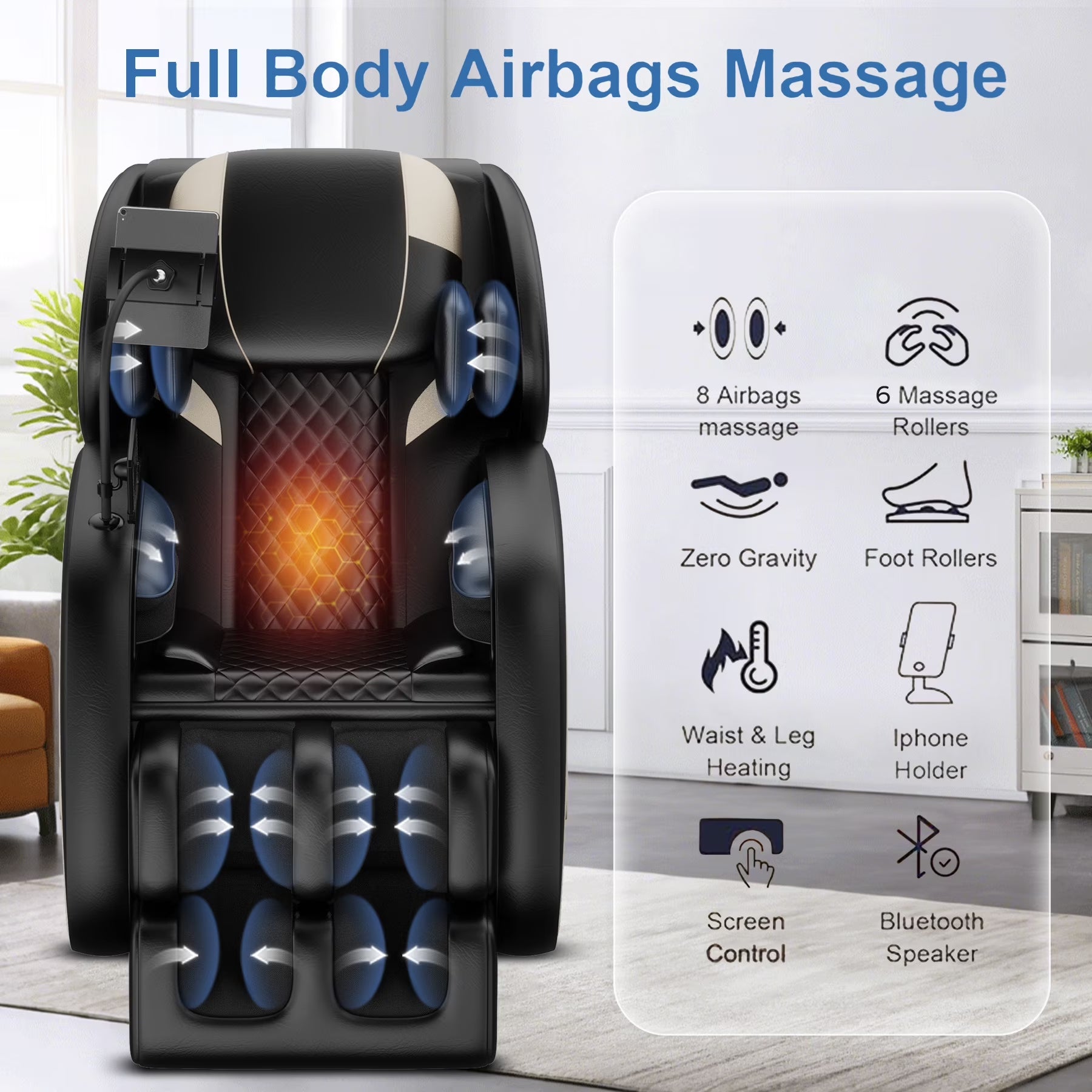 Full Body Massage Chair Recliner with Zero Gravity,  Leather Massage Chair with Air Pressure, 8 Massage Fix Rollers, Heating, Airbag, Bluetooth, Retractable Footrest for Relaxion, Brown+Black