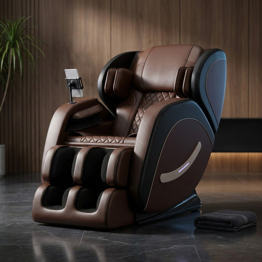 Full Body Massage Chair Recliner with Zero Gravity,  Leather Massage Chair with Air Pressure, 8 Massage Fix Rollers, Heating, Airbag, Bluetooth, Retractable Footrest for Relaxion, Brown+Black — Studio Shot