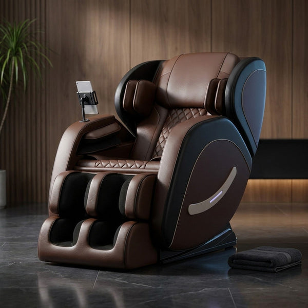 Full Body Massage Chair Recliner with Zero Gravity,  Leather Massage Chair with Air Pressure, 8 Massage Fix Rollers, Heating, Airbag, Bluetooth, Retractable Footrest for Relaxion, Brown+Black — Studio Shot