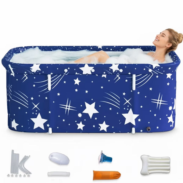 55-Inch Portable Folding Bathtub for 2 People – Freestanding PVC Soaking Tub, Blue and White