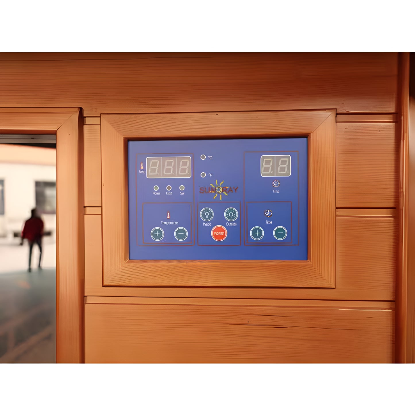 4-Person Cedar Corner Infrared Sauna with Carbon Heaters, Bluetooth Audio, Digital Controls, and Chromatherapy Lighting