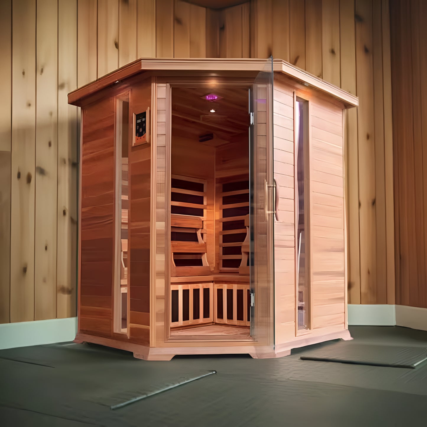 4-Person Cedar Corner Infrared Sauna with Carbon Heaters, Bluetooth Audio, Digital Controls, and Chromatherapy Lighting